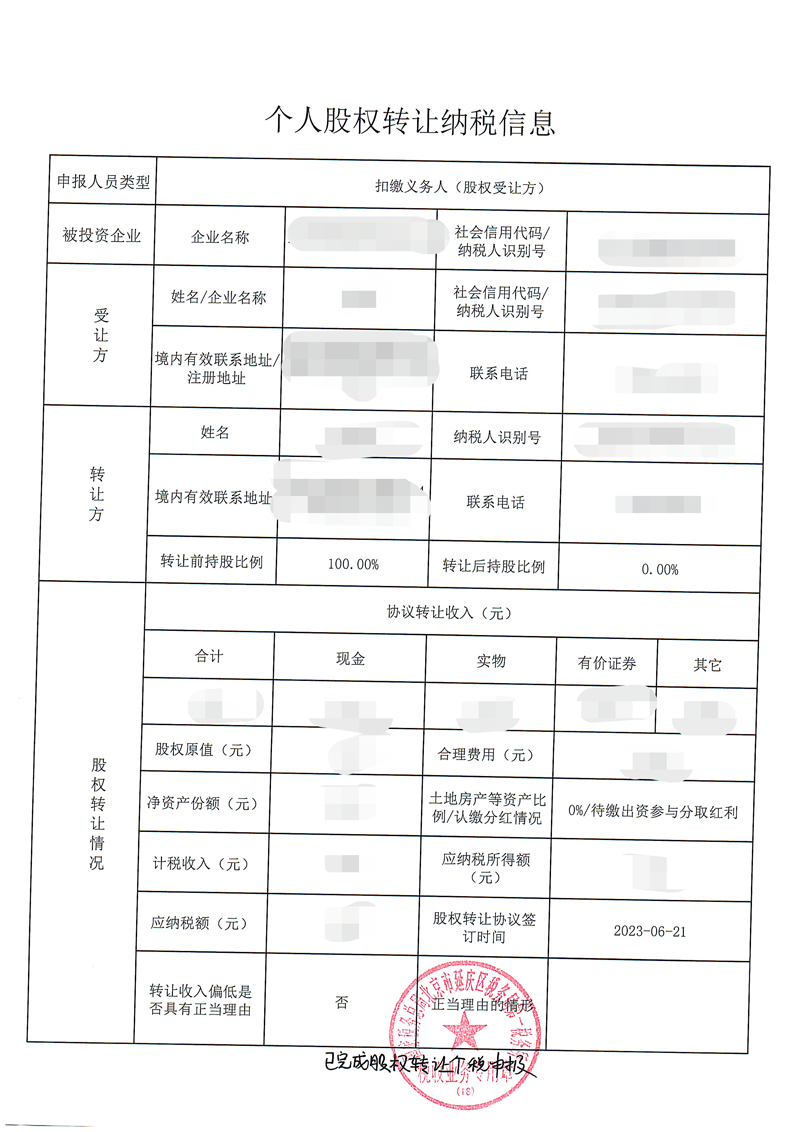 股權(quán)轉(zhuǎn)讓案例：2023年6月21日為客戶完成個人股權(quán)轉(zhuǎn)讓